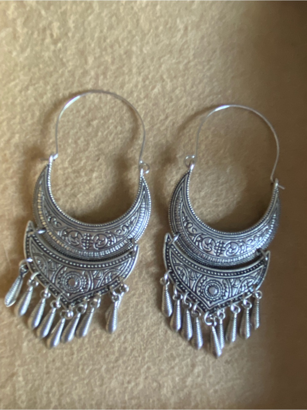 Silver Bohemian Filigree Dangle Hoop Earrings